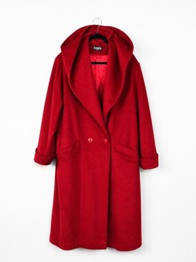 VTG Karen 100% Wool Hooded Long Coat Red Made USA Oversized Cottagecore XL